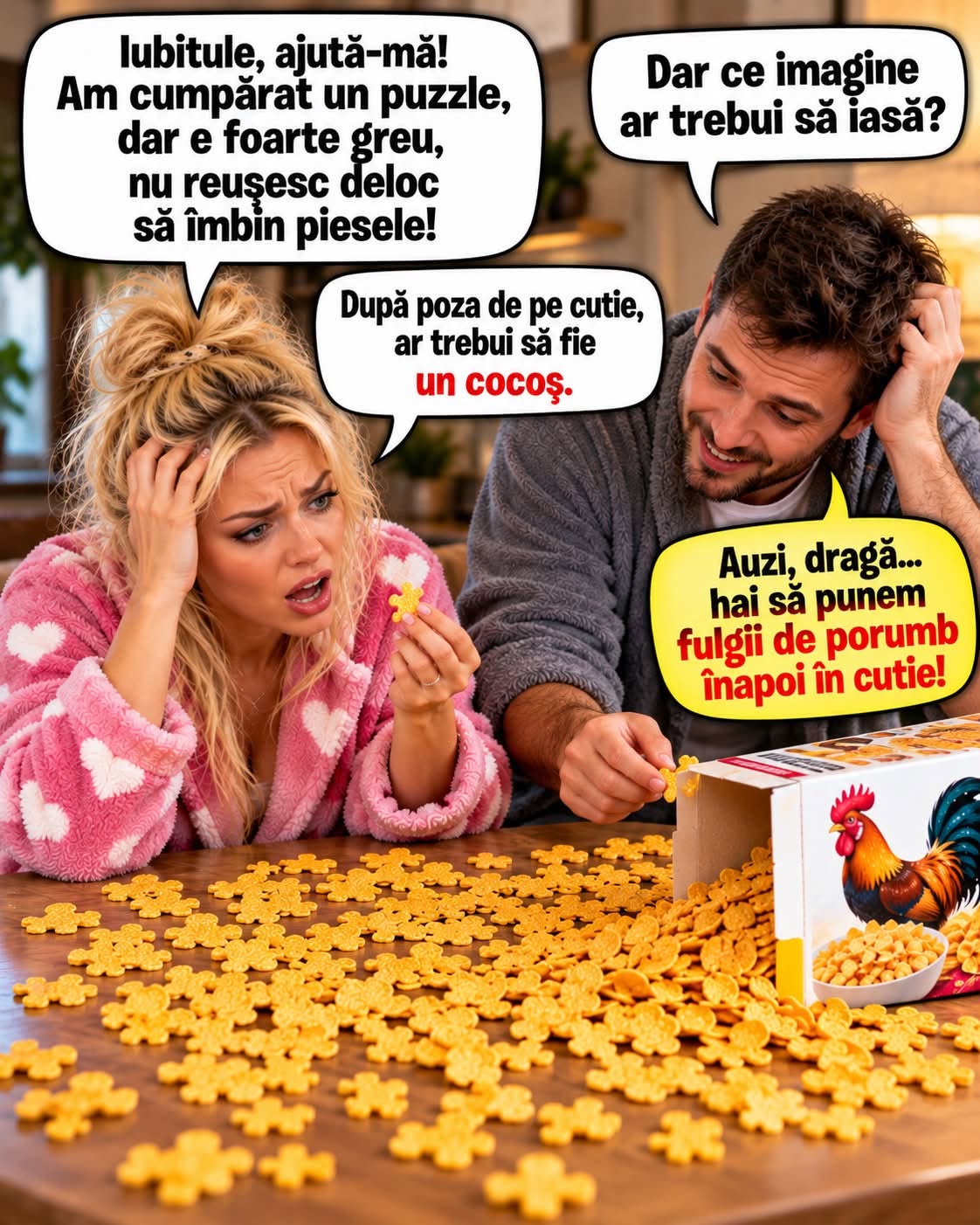 Iubitule, am cumpărat un puzzle și nu reușesc să îmbin piesele! Auzi, dragă, hai să punem fulgii de porumb înapoi în cutie