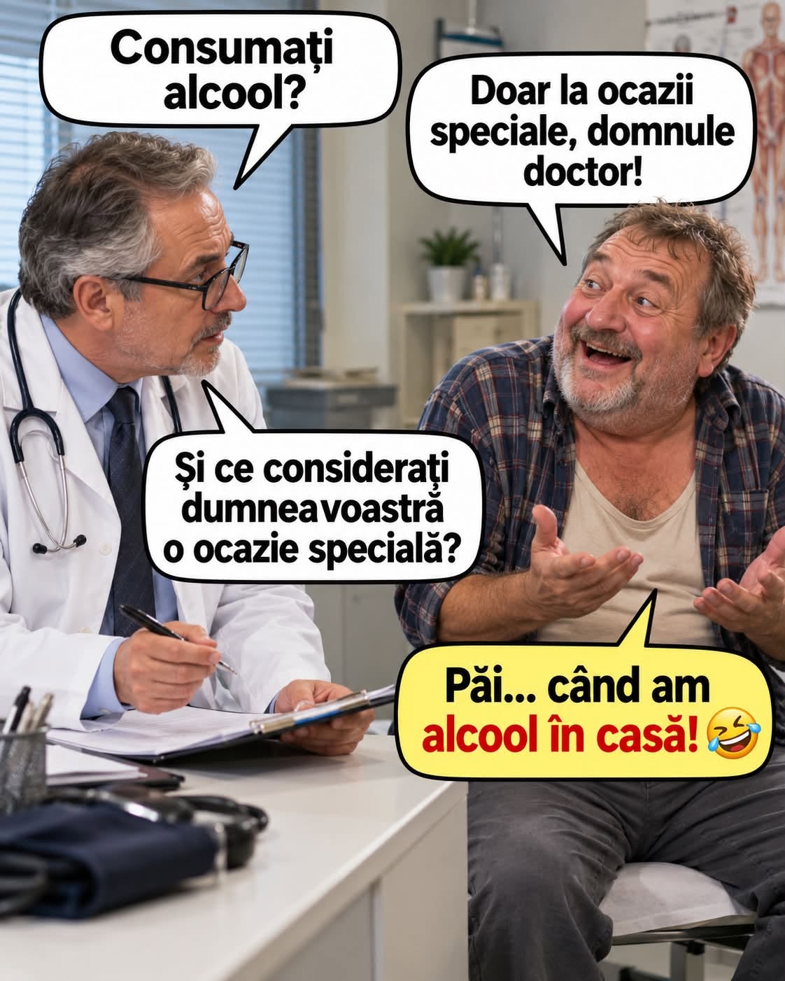 Consumați alcool? Doar la ocazii speciale, domnule doctor! Și ce considerați ocazie specială? Când am alcool în casă!