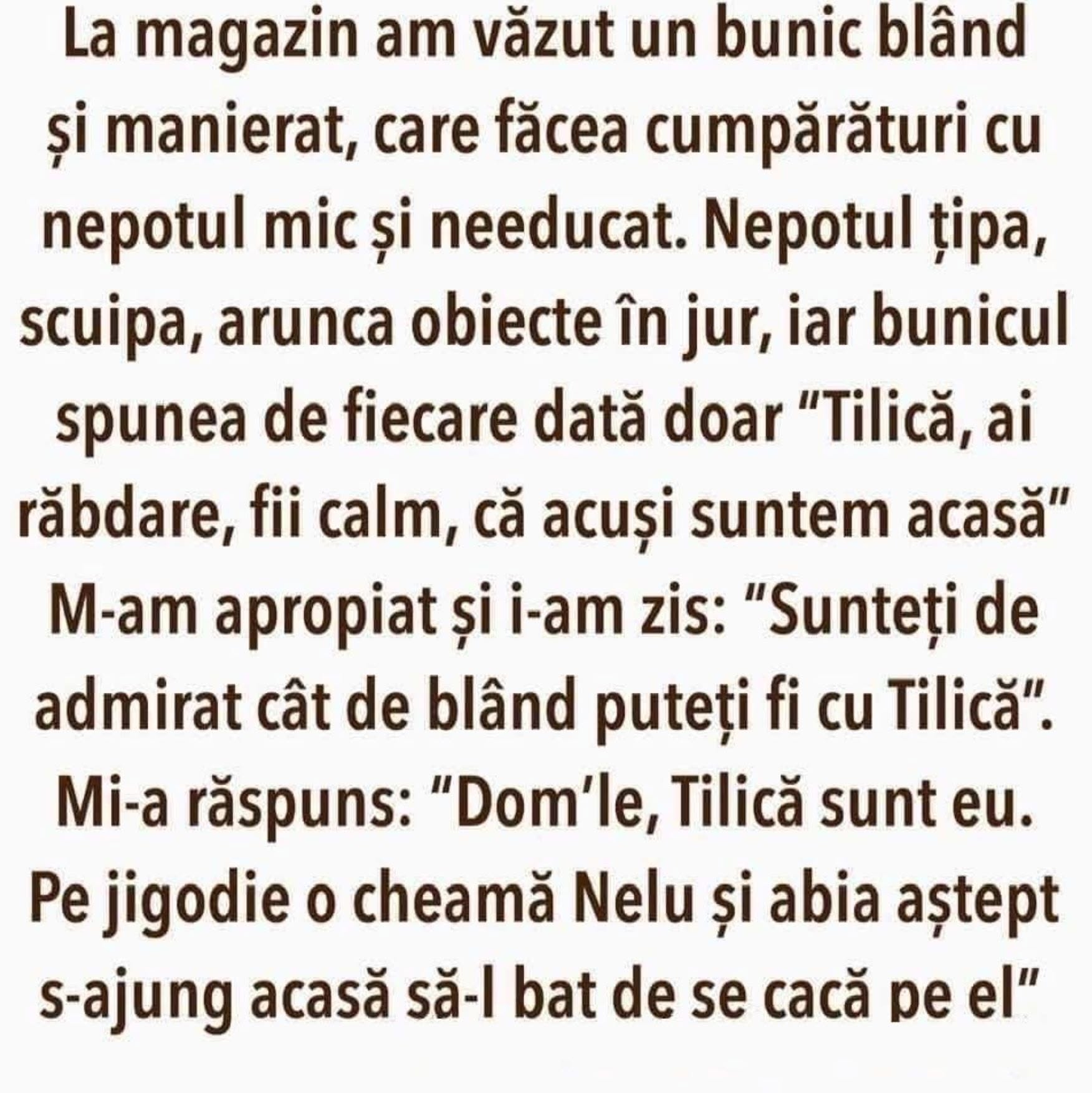 Bunicul blând cu nepotul: Tilică, ai răbdare. Domnule, Tilică sunt eu! Pe jigodie îl cheamă Nelu