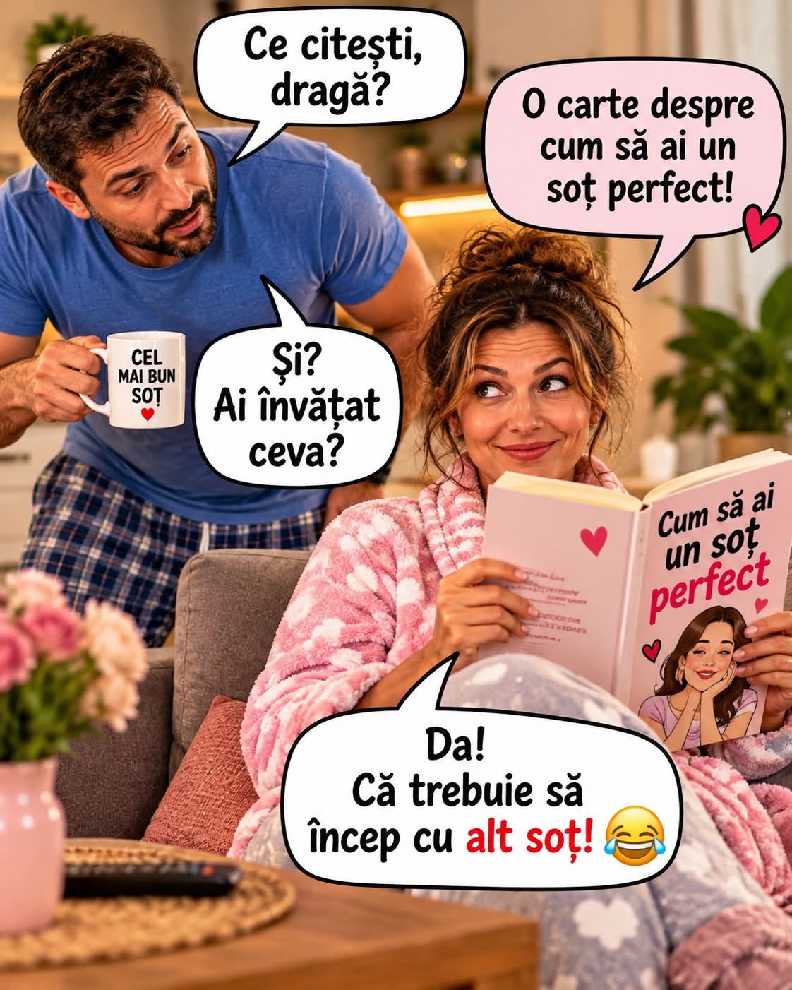 Ce citești, dragă? O carte despre cum să ai un soț perfect. Și? Ai învățat ceva? Da! Că trebuie să încep cu alt soț!