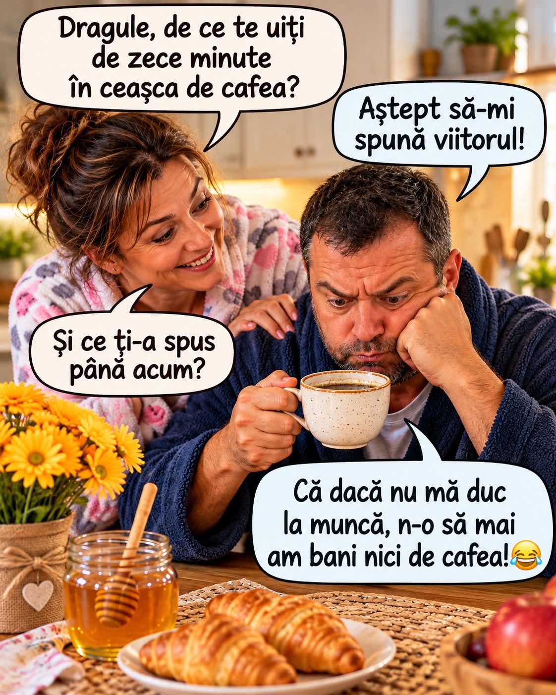 Dragule, de ce te uiți de zece minute în ceașca de cafea? Aștept să-mi spună viitorul! Că dacă nu mă duc la muncă, n-o să mai am bani de cafea