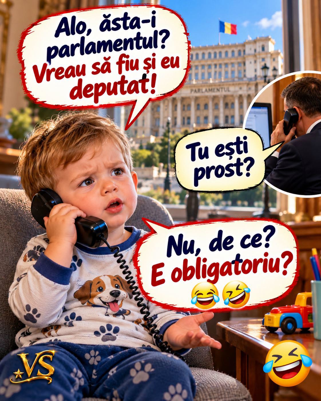 Alo, ăsta-i parlamentul? Vreau să fiu și eu deputat! Tu ești prost? Nu, de ce? E obligatoriu?