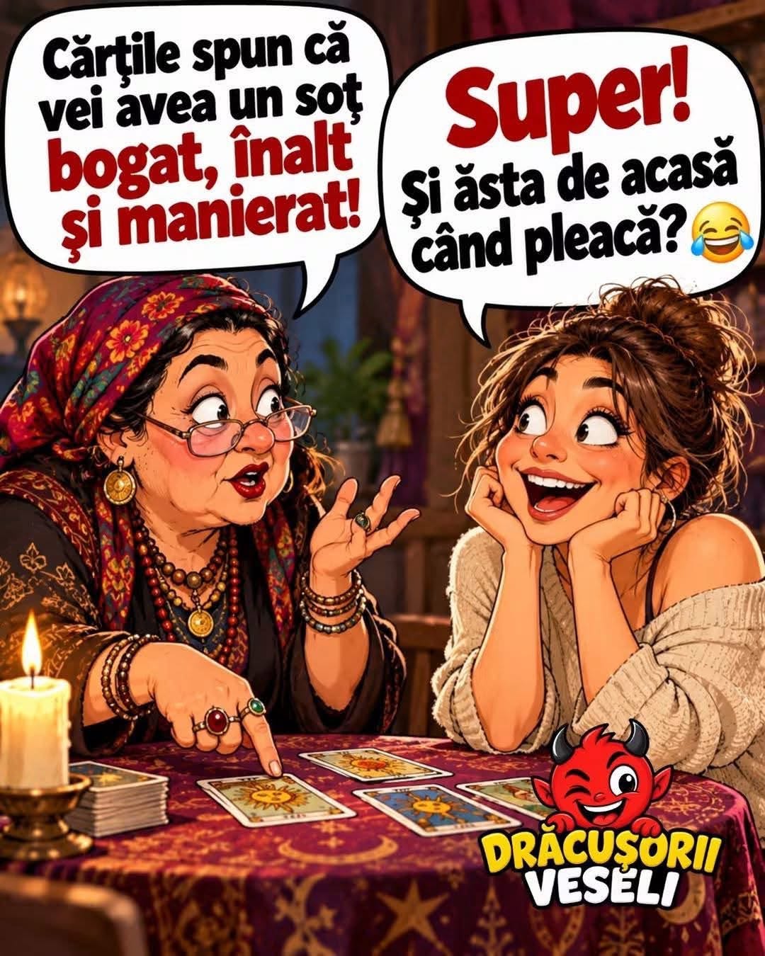 Cărțile spun că vei avea un soț bogat, înalt și manierat! Super! Și ăsta de acasă când pleacă?