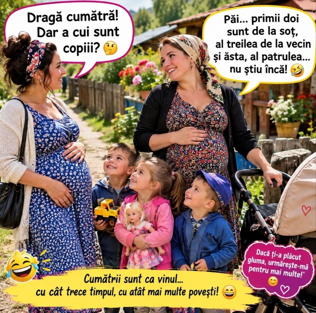 Dragă cumătră, ai cui sunt copiii? Primii doi sunt de la soț, al treilea de la vecin, al patrulea... nu știu încă!