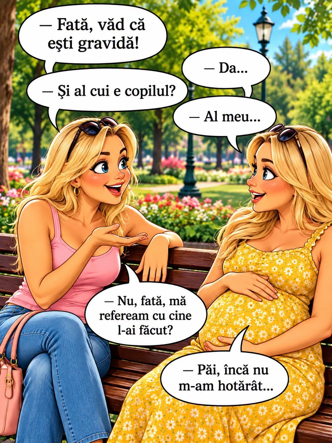 Fată, văd că ești gravidă! Și al cui e copilul? Al meu. Nu, mă refeream cine l-a făcut? Păi, încă nu m-am hotărât...
