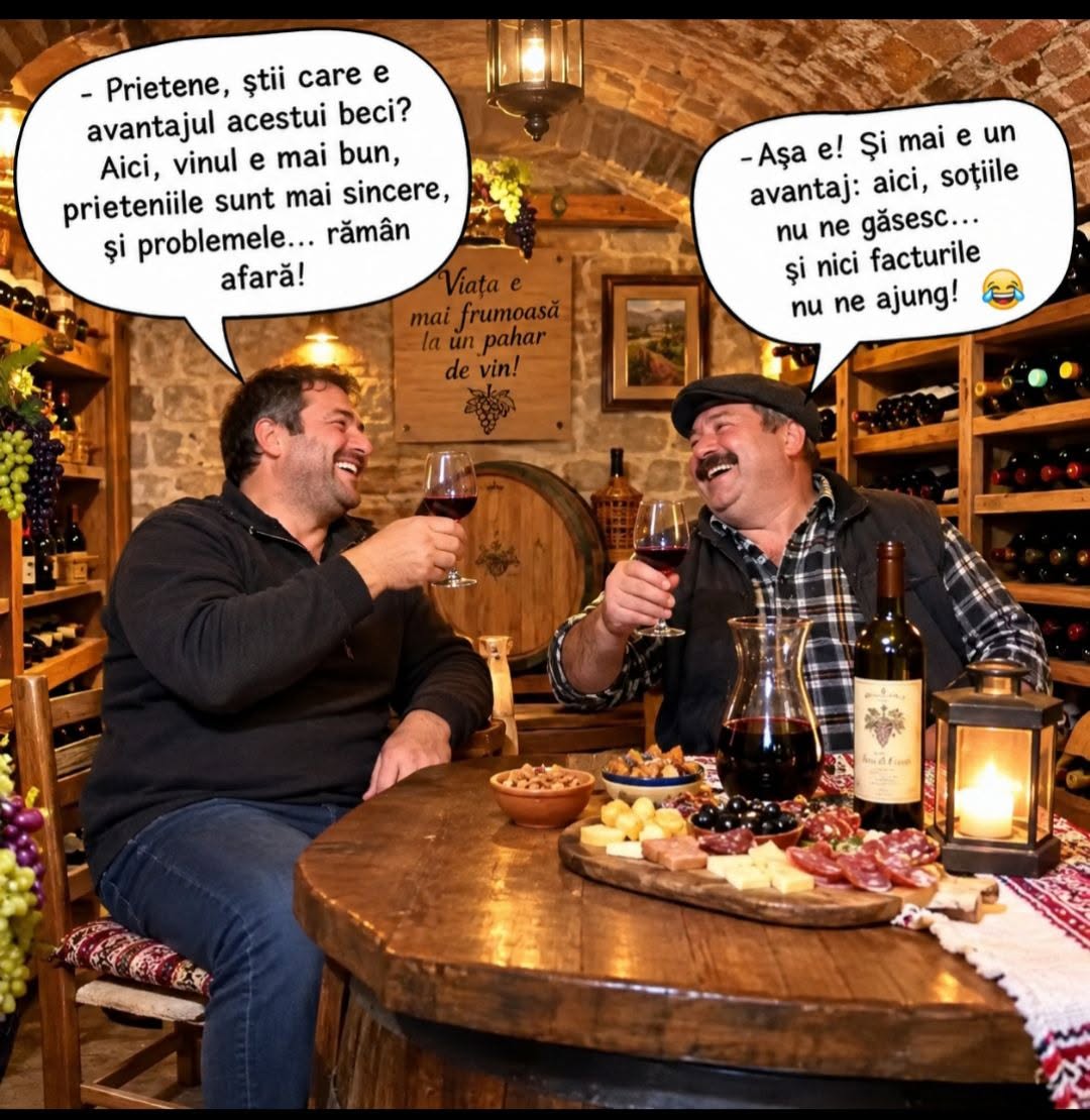 Avantajul acestui beci: vinul e mai bun și problemele rămân afară. Și încă unul: aici nu ne găsesc soțiile și nici facturile!