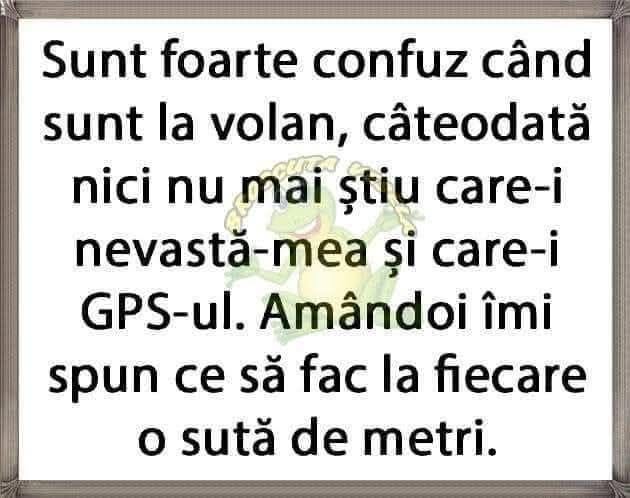 Sunt foarte confuz când sunt la volan: nu mai știu care-i nevasta și care-i GPS-ul. Amândoi îmi spun ce să fac la fiecare sută de metri