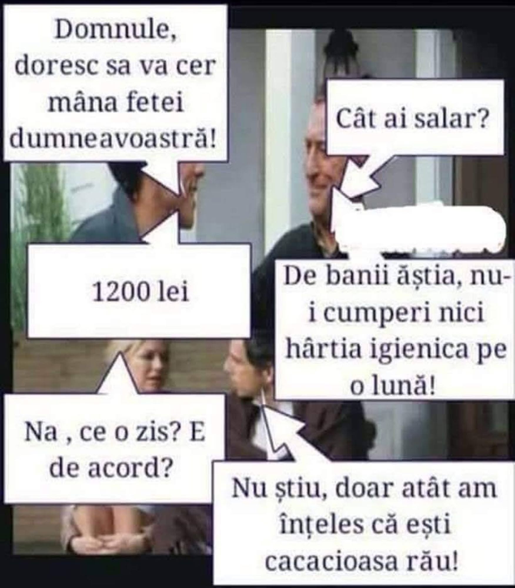 Doresc să vă cer mâna fetei! Cât ai salar? 1200 lei. De banii ăștia nu-i cumperi nici hârtia igienică pe o lună!