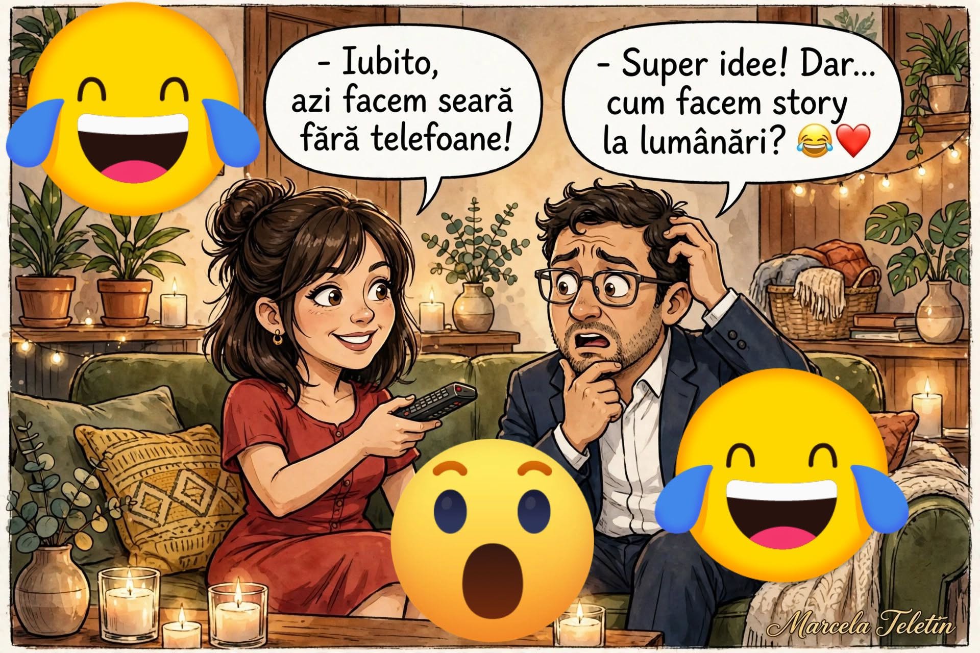 Iubito, azi facem seară fără telefoane! Super idee! Dar... cum facem story la lumânări?
