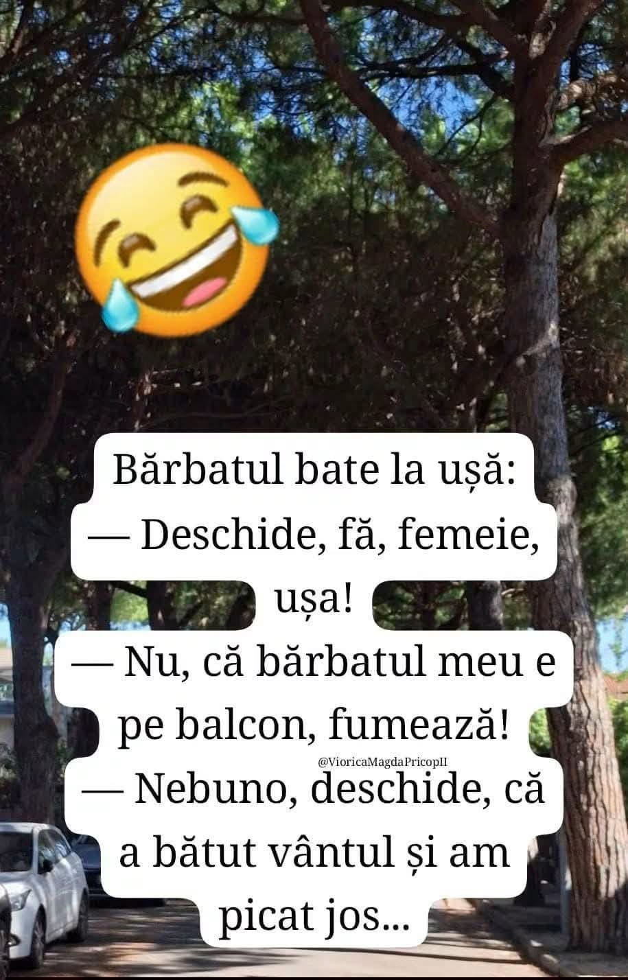 Deschide, fă, femeie, ușa! Nu, că bărbatul meu e pe balcon, fumează! Nebuno, deschide, că a bătut vântul și am picat jos