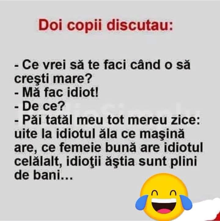 Ce vrei să te faci când crești mare? Mă fac idiot! Tata zice mereu: uite la idiotul ăla ce mașină are, idioții ăștia sunt plini de bani