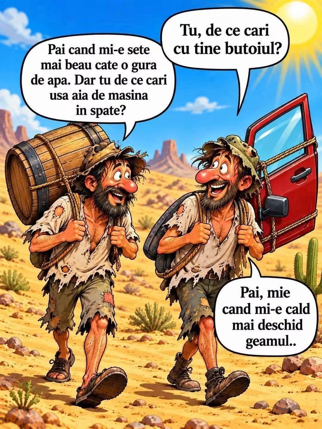 Tu de ce cari butoiul? Când mi-e sete mai beau o gură de apă. Dar tu de ce cari ușa de mașină? Când mi-e cald mai deschid geamul