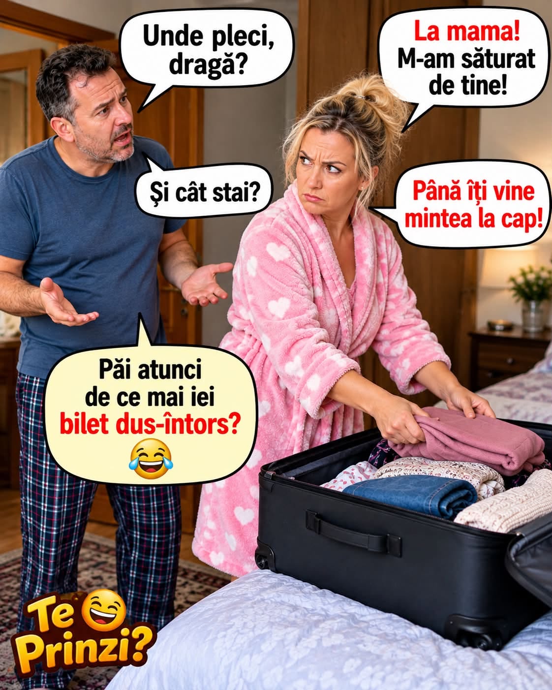 Unde pleci, dragă? La mama! M-am săturat de tine! Și cât stai? Până îți vine mintea la cap! Păi atunci de ce mai iei bilet dus-întors?