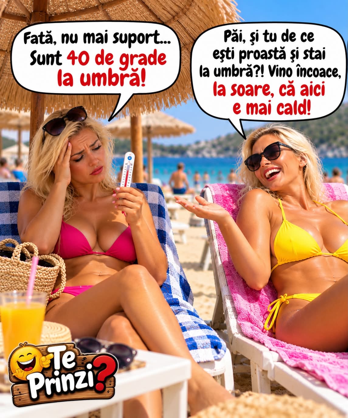 Fată, nu mai suport, sunt 40 de grade la umbră! Păi și tu de ce stai la umbră? Vino încoace, la soare, că aici e mai cald!