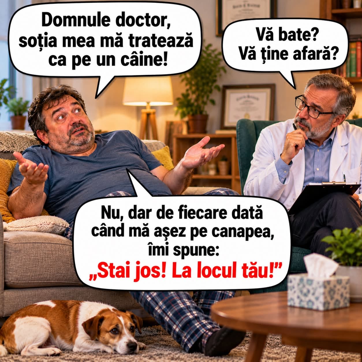 Domnule doctor, soția mă tratează ca pe un câine! Vă bate? Nu, dar când mă așez pe canapea îmi spune: Stai jos! La locul tău!