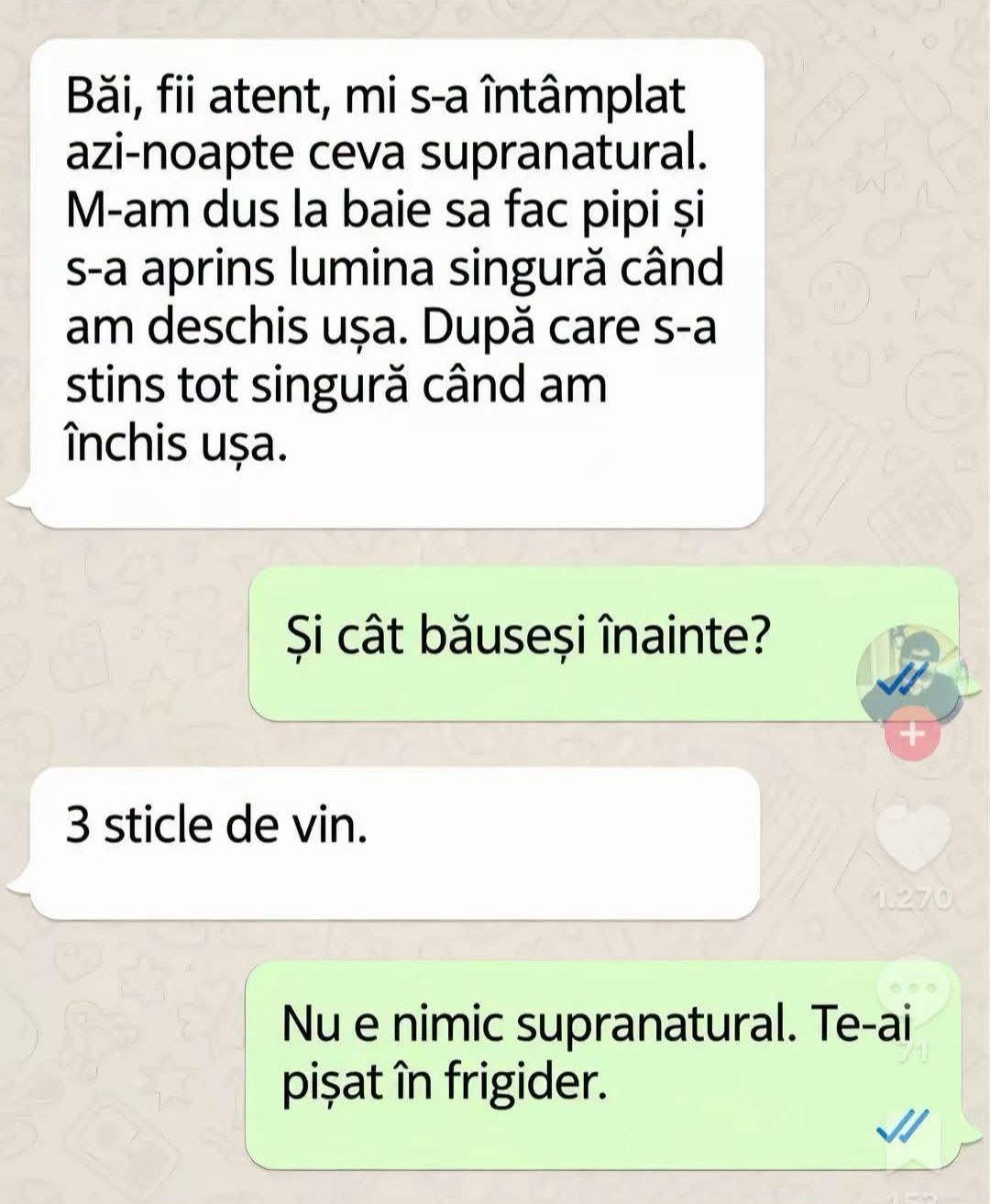 Mi s-a întâmplat ceva supranatural: s-a aprins lumina singură când am deschis ușa de la baie. Cât băuseși? Nu e supranatural, te-ai pișat în frigider
