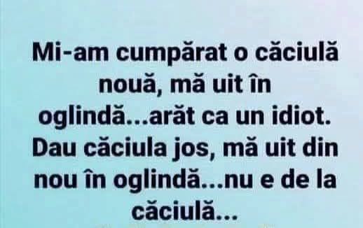Mi-am cumpărat o căciulă nouă, mă uit în oglindă... arăt ca un idiot. Dau căciula jos... nu e de la căciulă