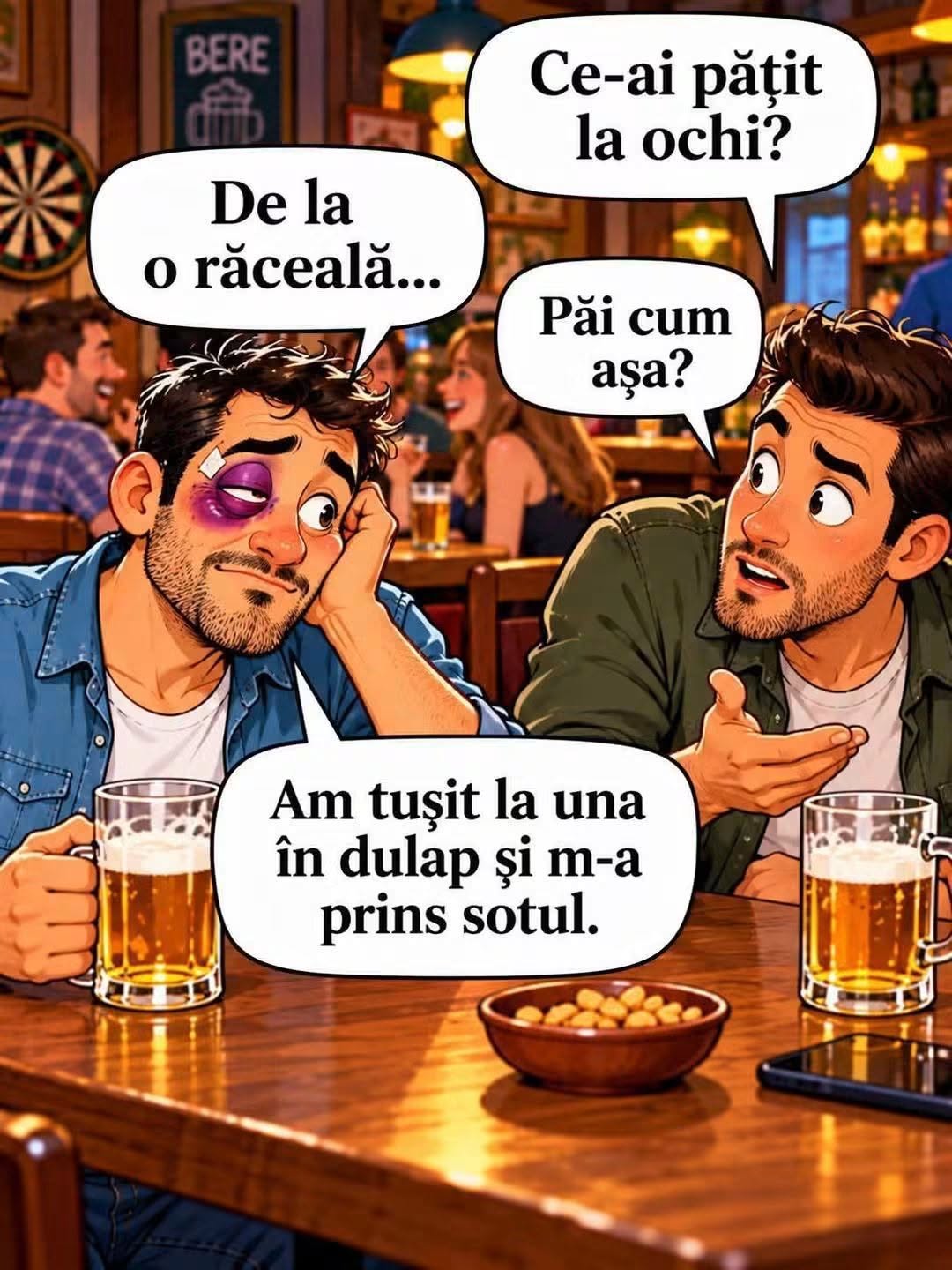 Ce-ai pățit la ochi? De la o răceală, am tușit în dulap și m-a prins soțul