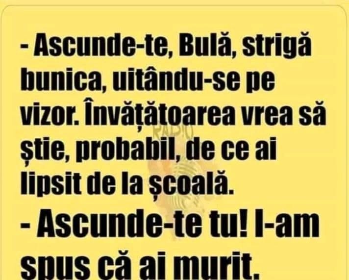 Ascunde-te, Bulă, vine învățătoarea! Ascunde-te tu, i-am spus că ai murit