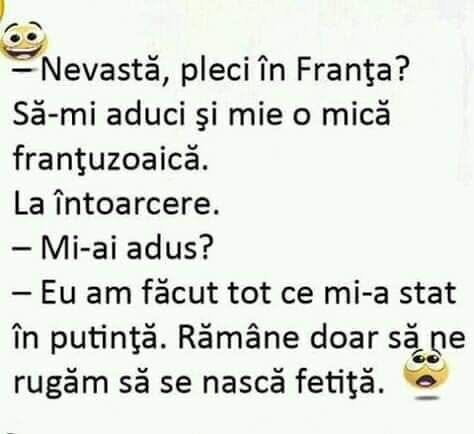 Nevastă, pleci în Franța? Să-mi aduci o franțuzoaică. Rămâne doar să se nască fetiță