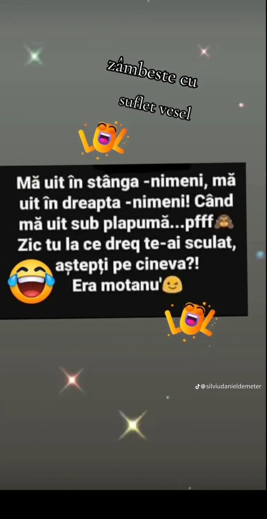 Mă uit sub plapumă: tu la ce dreq te-ai sculat, aștepți pe cineva? Era motanu'
