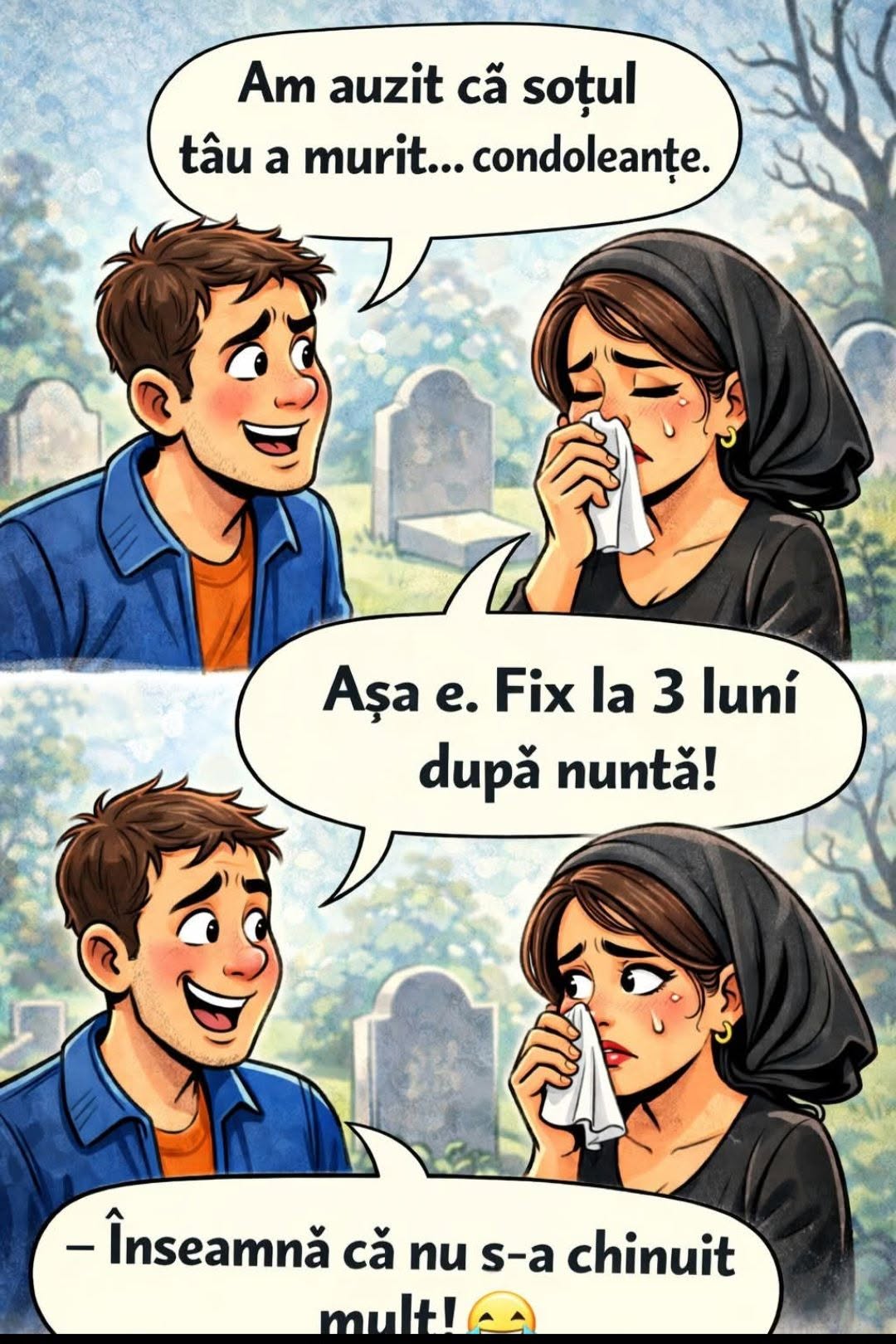 Am auzit că soțul tău a murit, condoleanțe. Fix la 3 luni după nuntă. Înseamnă că nu s-a chinuit mult