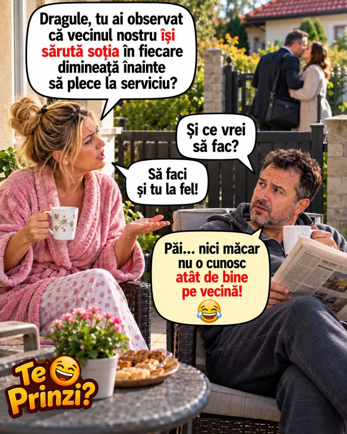 Ai observat că vecinul își sărută soția în fiecare dimineață? Fă și tu la fel! Păi nici măcar nu o cunosc bine pe vecină
