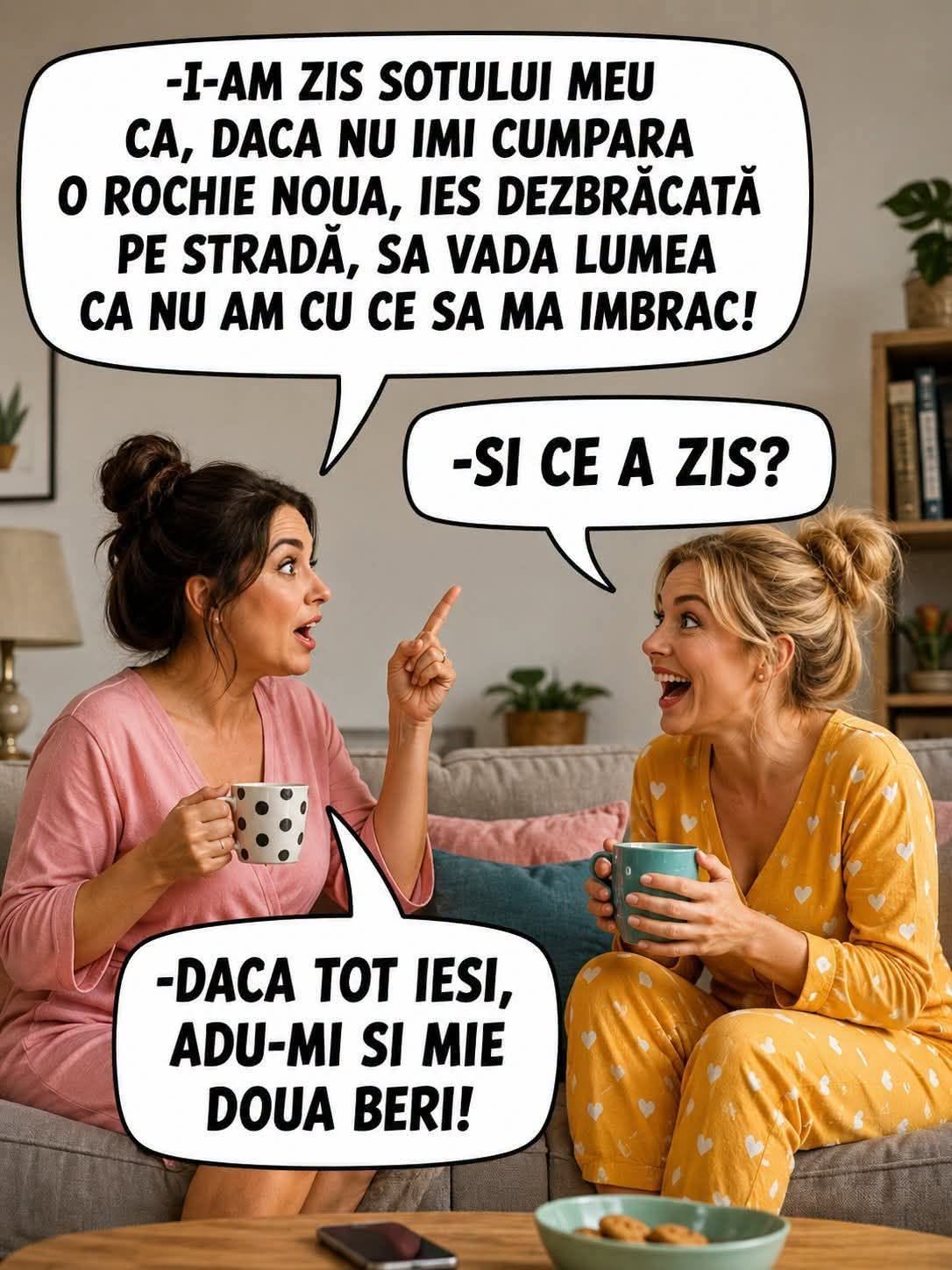 I-am zis soțului că dacă nu-mi cumpără rochie nouă ies dezbrăcată pe stradă. Dacă tot ieși, adu-mi și două beri!