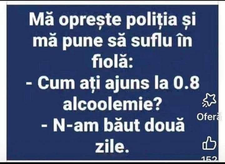 Mă oprește poliția: Cum ați ajuns la 0.8 alcoolemie? N-am băut două zile!