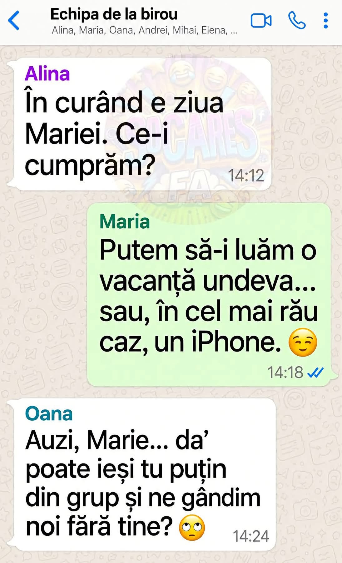 Echipa de la birou: ce-i cumpărăm Mariei de ziua ei? Maria, poți ieși puțin din grup?