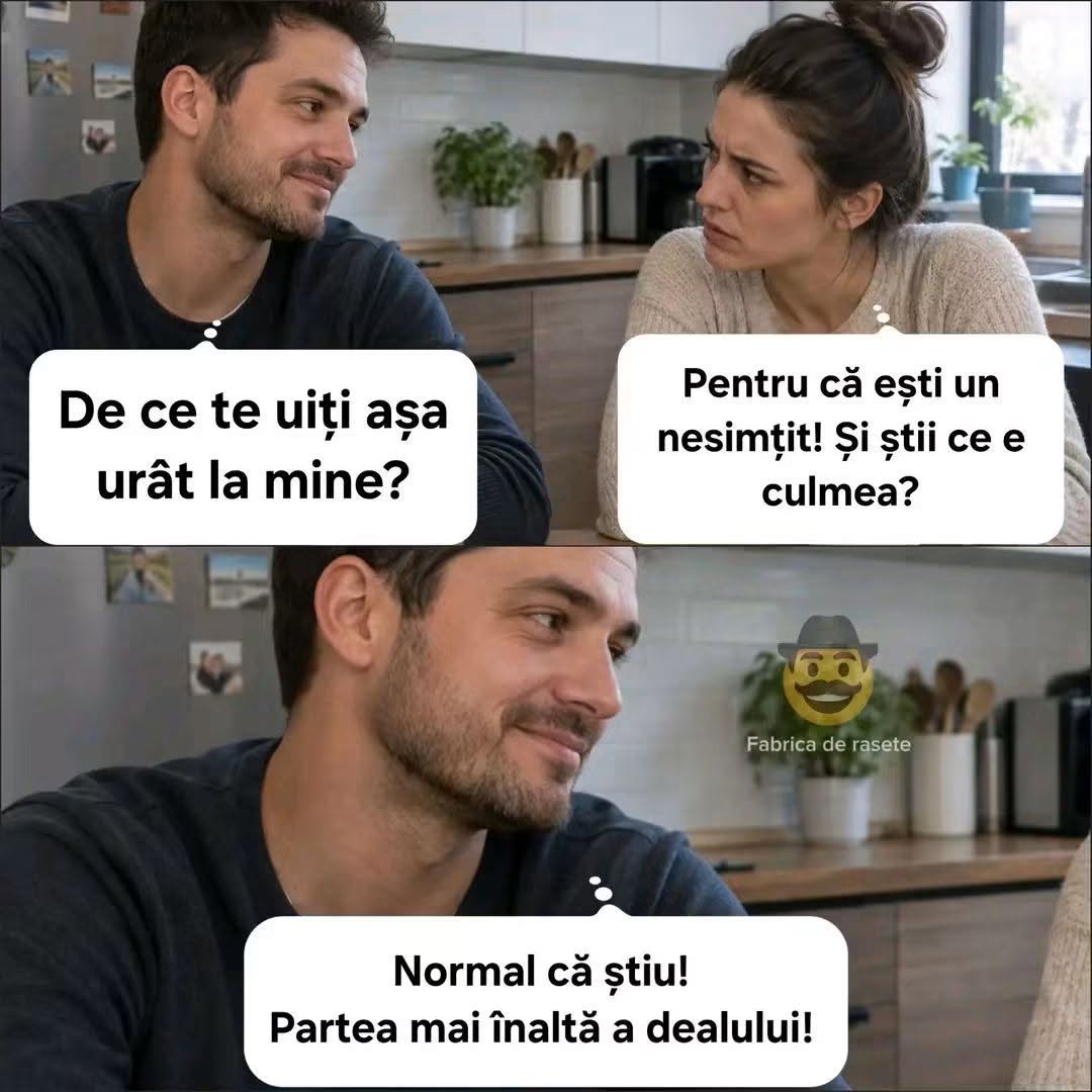 De ce te uiți așa urât la mine? Pentru că ești un nesimțit! Și știi ce e culmea? Normal că știu, partea mai înaltă a dealului!
