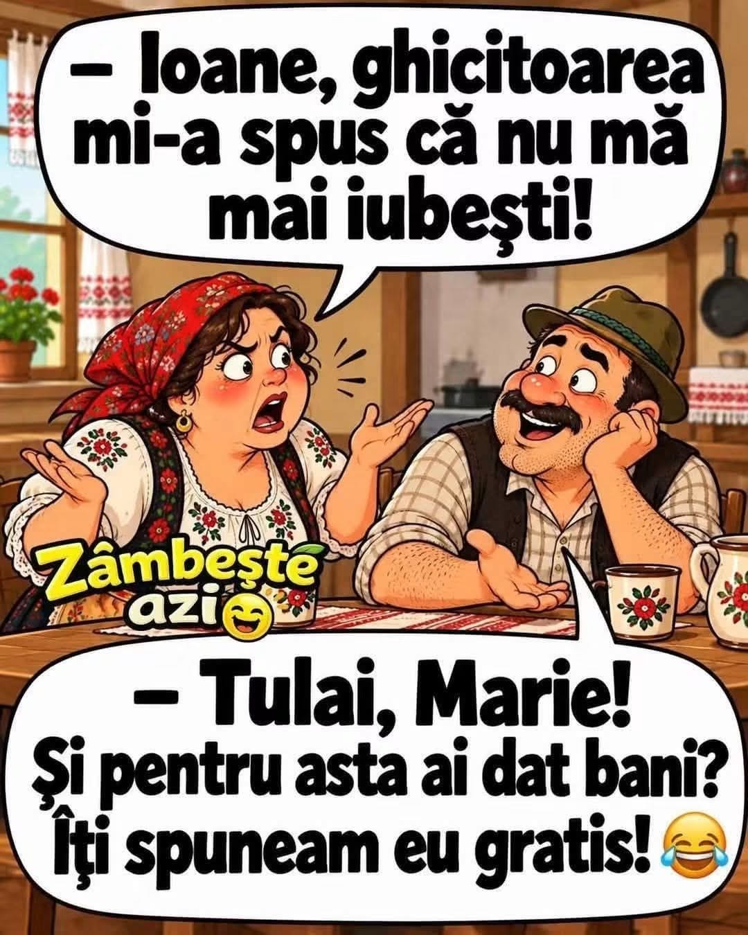 Ioane, ghicitoarea mi-a spus că nu mă mai iubești! Tulai, Marie, și pentru asta ai dat bani? Îți spuneam eu gratis!