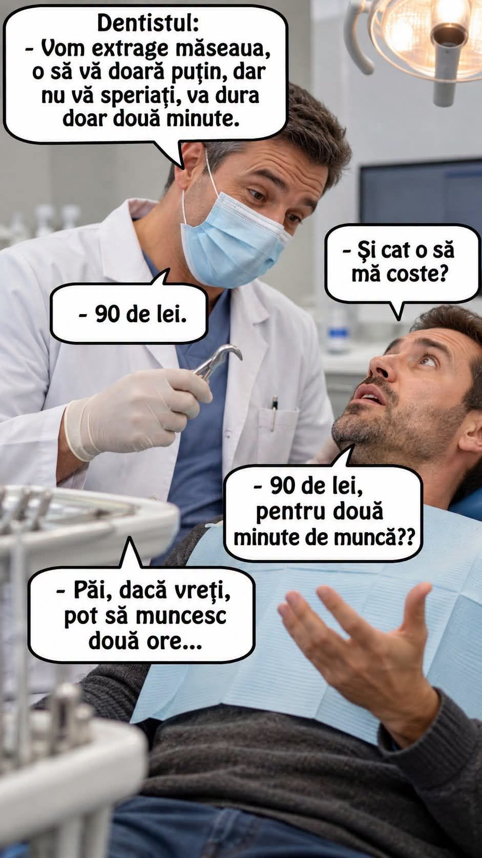 Dentistul: 90 de lei. Pentru două minute de muncă? Păi, dacă vreți, pot să muncesc două ore