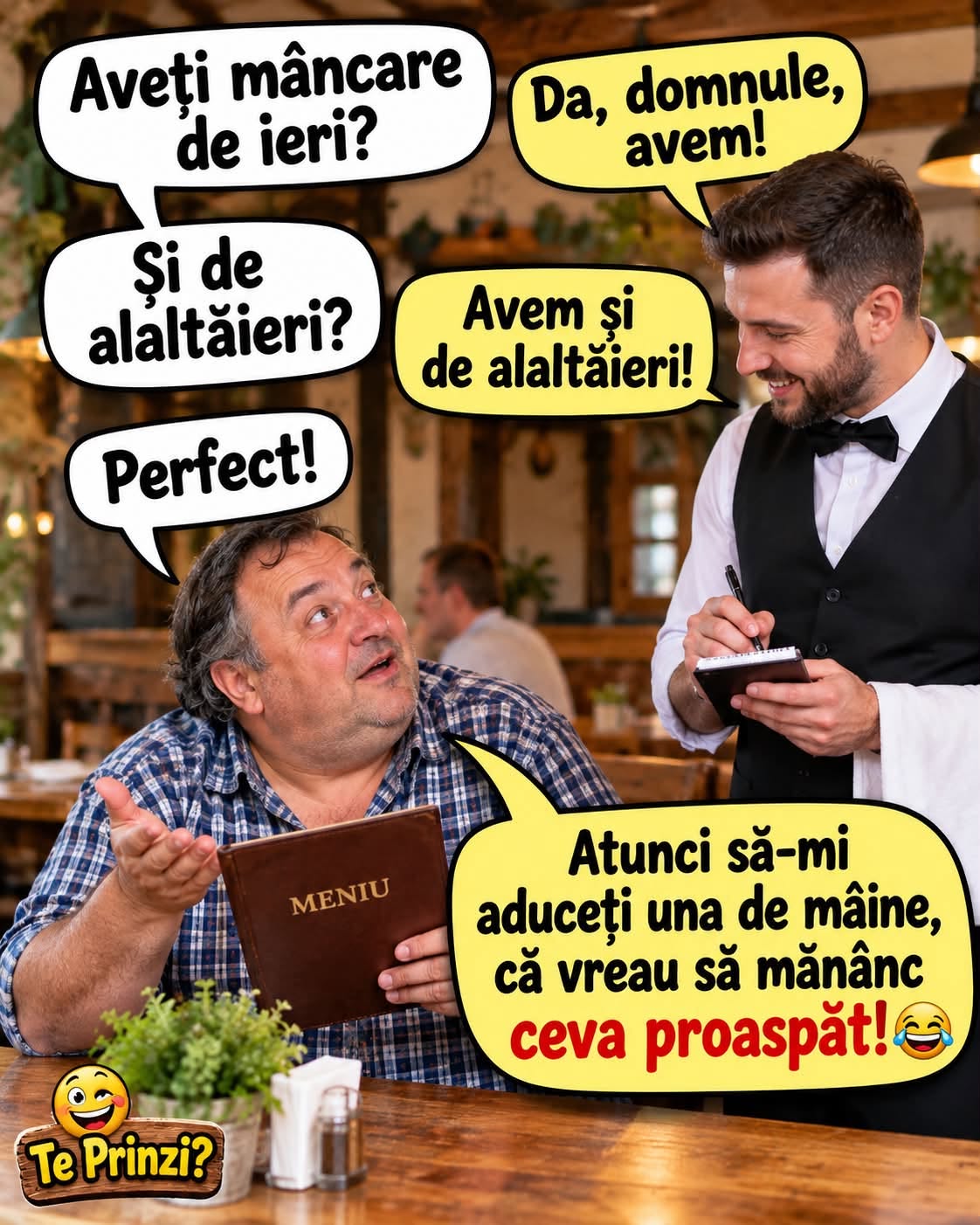Aveți mâncare de ieri? Și de alaltăieri? Perfect! Atunci aduceți-mi una de mâine, că vreau să mănânc ceva proaspăt