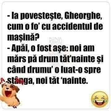 Ia povestește, Gheorghe, cum a fost cu accidentul? Apăi, noi am mărs pă drum tăt înainte și când drumu' o luat-o spre stânga, noi tăt 'nainte