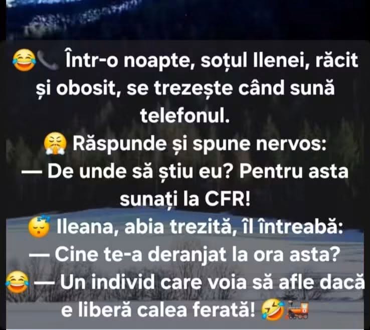 Soțul Ilenei răspunde noaptea la telefon: De unde să știu eu? Sunați la CFR! Cine era? Unul care voia să afle dacă e liberă calea ferată