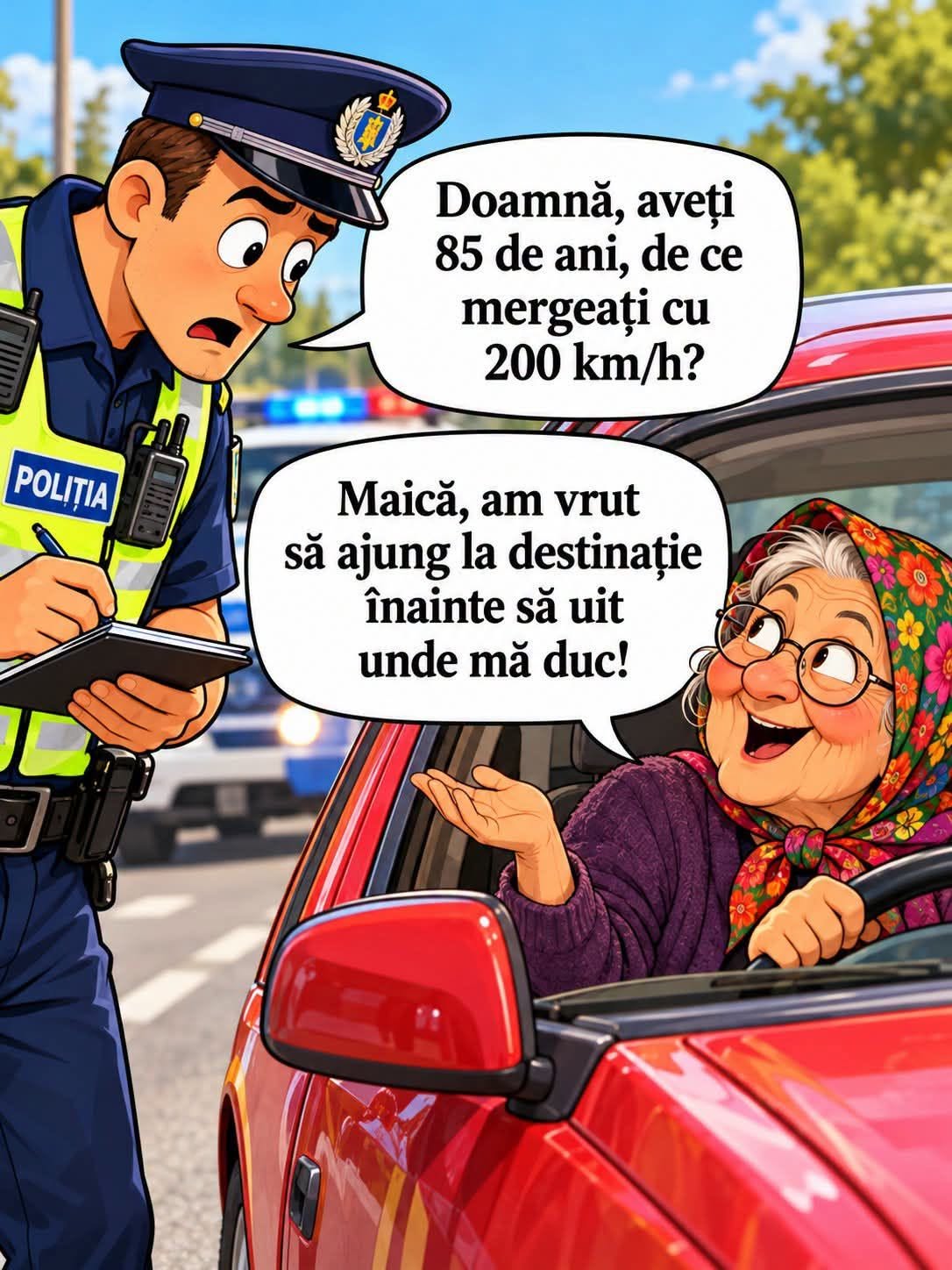 Doamnă, aveți 85 de ani, de ce mergeați cu 200 km/h? Maică, am vrut să ajung la destinație înainte să uit unde mă duc!