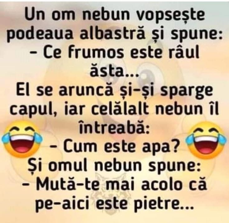 Un nebun vopsește podeaua albastră: Ce frumos e râul! Celălalt sare și-și sparge capul. Cum e apa? Mută-te mai acolo, că pe-aici e pietre!