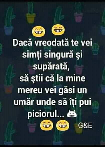Dacă vreodată te vei simți singură și supărată, să știi că la mine mereu vei găsi un umăr unde să-ți pui piciorul...
