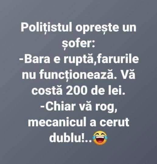 Polițistul: Bara e ruptă, farurile nu funcționează, vă costă 200 de lei. Chiar vă rog, mecanicul a cerut dublu!