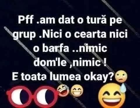 Pff, am dat o tură pe grup. Nicio ceartă, nicio bârfă, nimic, dom'le! E toată lumea okay?