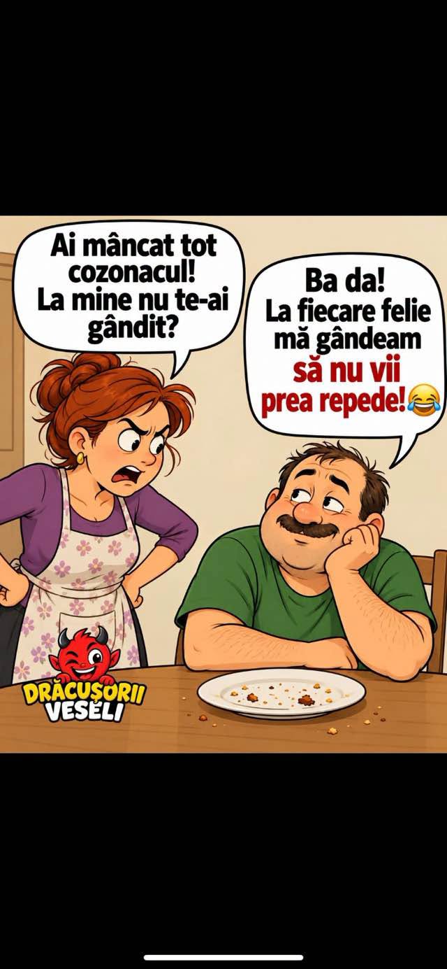 Ai mâncat tot cozonacul! La mine nu te-ai gândit? Ba da! La fiecare felie mă gândeam să nu vii prea repede!