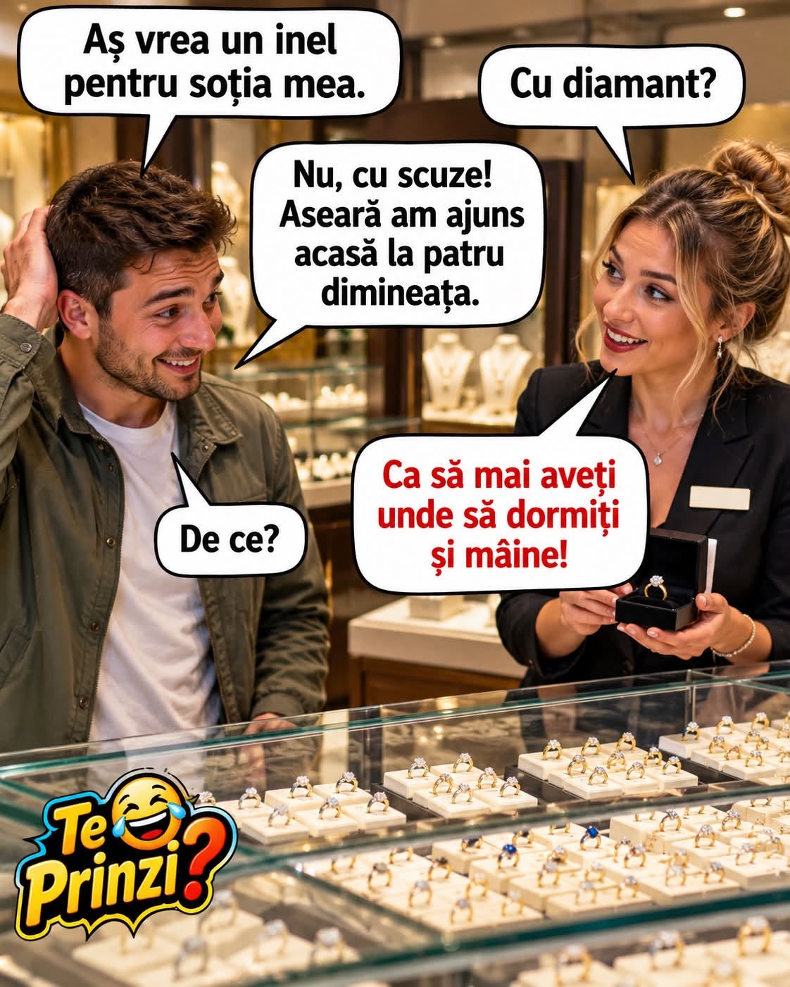 Aș vrea un inel pentru soția mea. Cu diamant? Nu, cu scuze! Aseară am ajuns acasă la patru dimineața. Ca să mai aveți unde să dormiți și mâine!