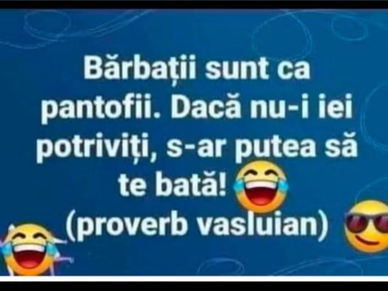 Bărbații sunt ca pantofii: dacă nu-i iei potriviți, s-ar putea să te bată! (proverb vasluian)