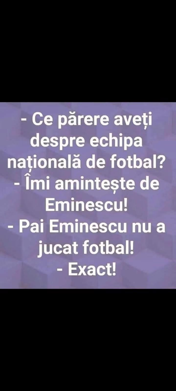 Ce părere aveți despre echipa națională de fotbal? Îmi amintește de Eminescu! Păi Eminescu nu a jucat fotbal! Exact!