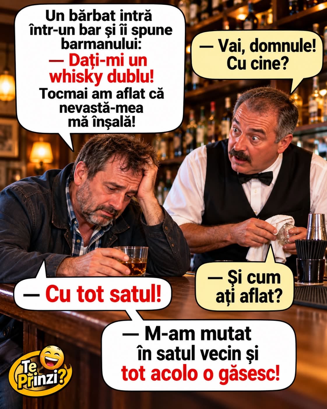 Un bărbat la bar: Dați-mi un whisky dublu! Tocmai am aflat că nevasta mă înșală! Cu cine? Cu tot satul! M-am mutat în satul vecin și tot acolo o găsesc!