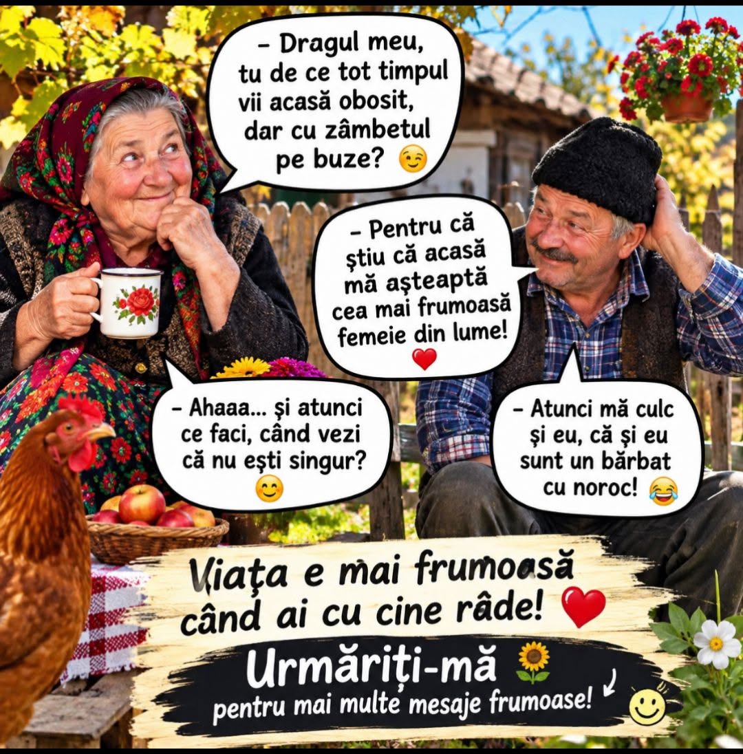 Dragul meu, de ce vii acasă obosit, dar zâmbind? Mă așteaptă cea mai frumoasă femeie! Și când vezi că nu ești singur? Mă culc și eu, că sunt un bărbat cu noroc!