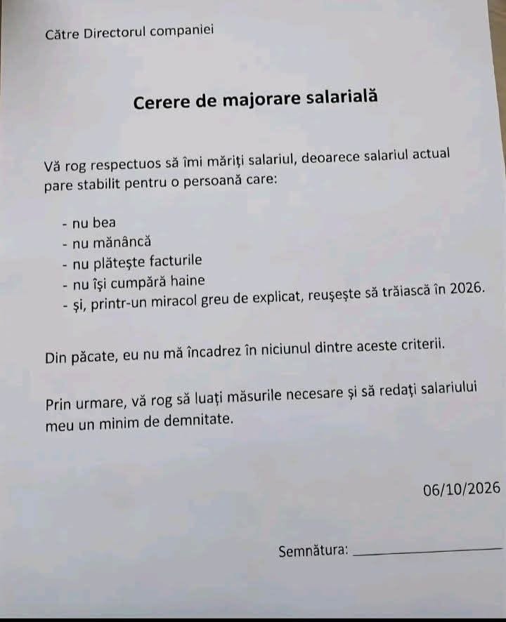 Cerere de majorare salarială: salariul actual pare stabilit pentru o persoană care nu bea, nu mănâncă, nu plătește facturi și nu-și cumpără haine