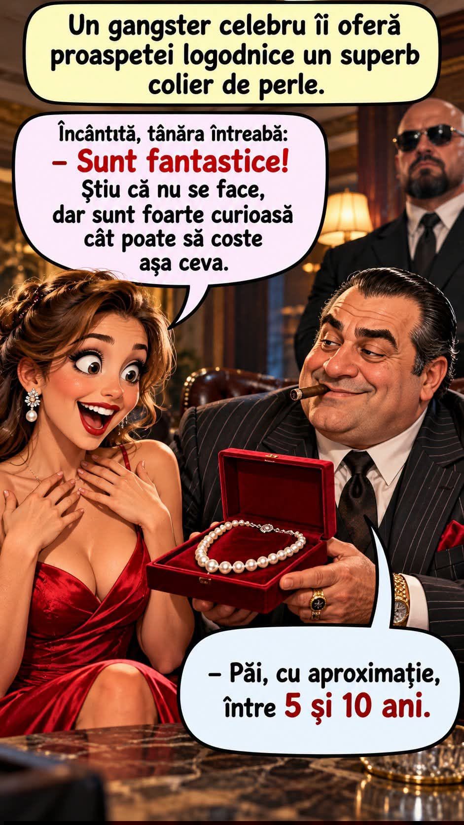 Un gangster celebru îi oferă logodnicei un colier de perle. Cât poate să coste? Păi, cu aproximație, între 5 și 10 ani