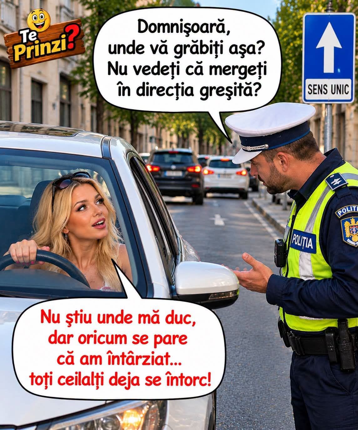 Domnișoară, unde vă grăbiți așa pe sens unic? Nu știu unde mă duc, dar se pare că am întârziat... toți ceilalți deja se întorc!